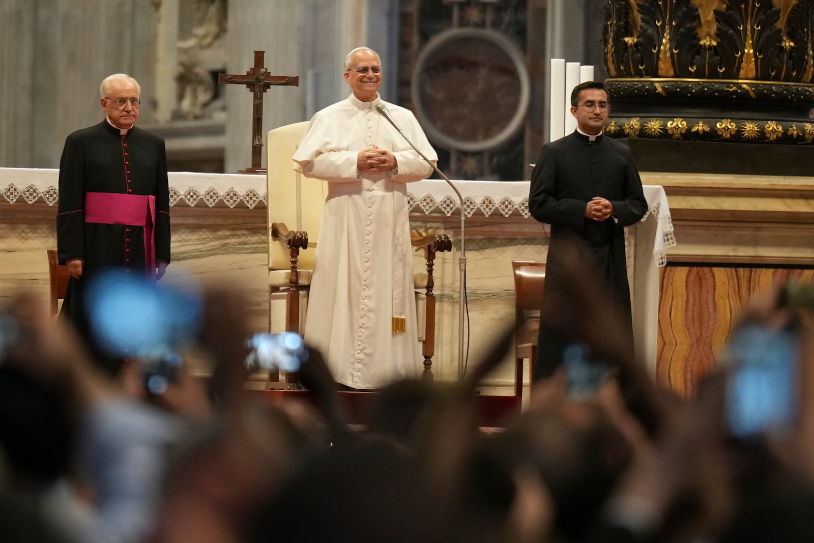 Pope Leo XIV leads a meditation with the participants into the Jubilee of Seminarists in St. Peter's Basilica at the Vatican, Tuesday, May 24, 2025. (AP Photo/Alessandra Tarantino)