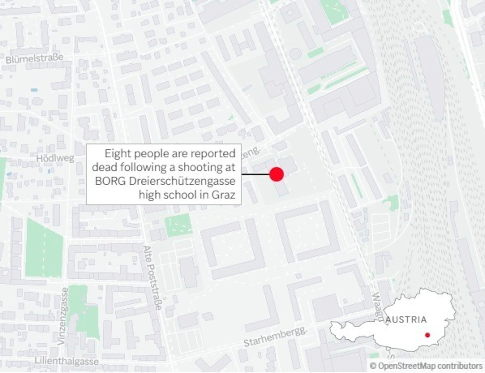 Eight people are reported dead following a shooting at BORG Dreierschützengasse High School in Graz. (AP Graphic)