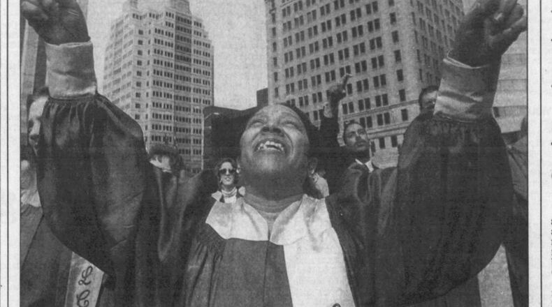 The front page of the March 21, 1994 Dayton Daily News carried coverage a community rally to cleanse Courthouse Square the day after the Ku Klux Klan’s last rally in Dayton. Local groups plan a similar event next Sunday after a KKK-affiliated rally on Saturday.