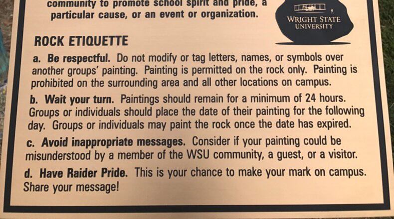 Wright State added a rules sign to its campus rock on Thursday.