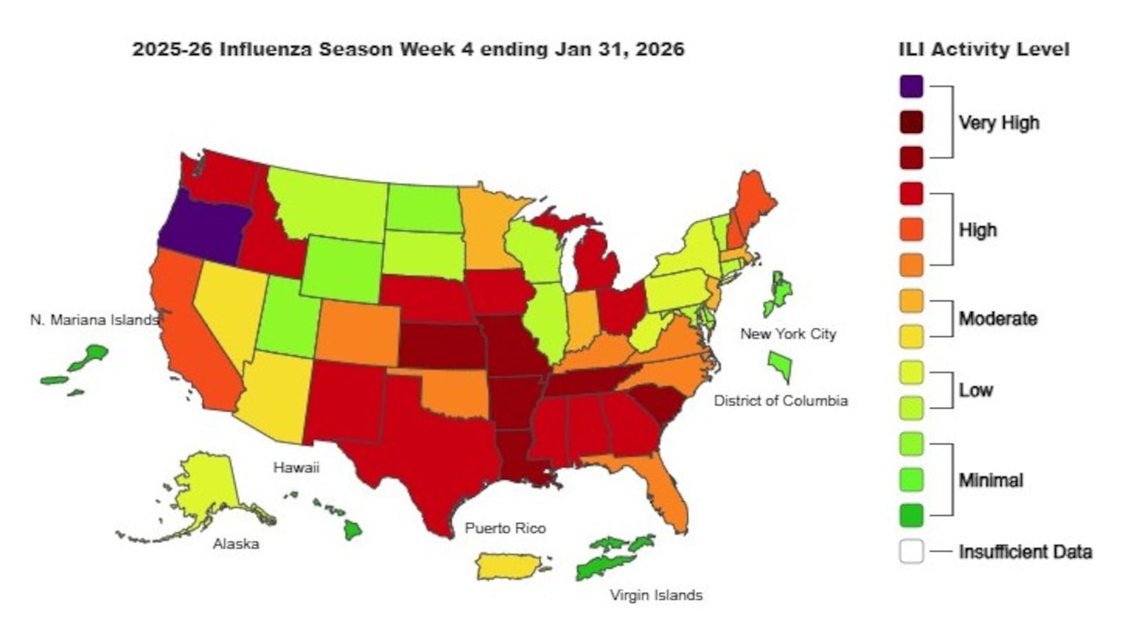 This is the weekly Outpatient Respiratory Illness Activity map from the CDC, for the week ending Jan 31, 2026.