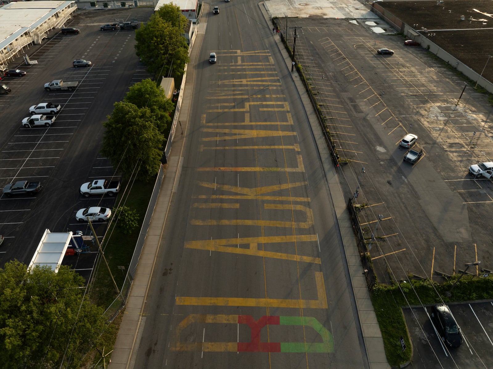 A Black Lives Matter Mural painted by Thaxton Waters II is seen in an aerial view on Thursday, May 22, 2025 in Nashville, Tenn. (AP Photo/Kevin Wurm)