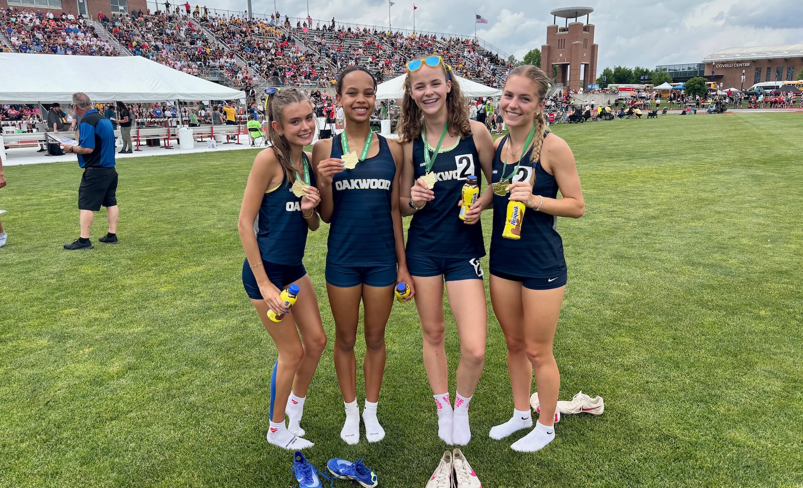 Oakwood's Kaya Asinjo races to victory in the final leg of the 4x800 relay at the Division II state track and field championships on Friday, June 6, 2025, at Jesse Owens Memorial Stadium in Columbus. DAVID JABLONSKI / STAFF