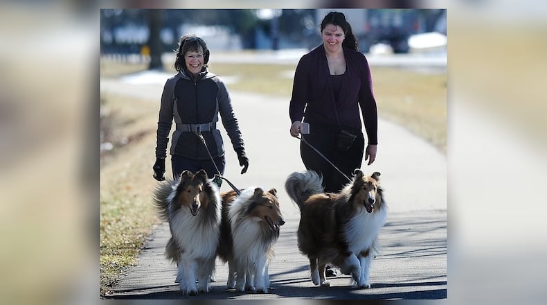 Barb Denen, left, and her daughter Tiffany Denen, walk their collies, from left, Toby, Jax and Trig along the bike path Monday, Feb. 19, 2024, in Xenia. MARSHALL GORBY\STAFF
