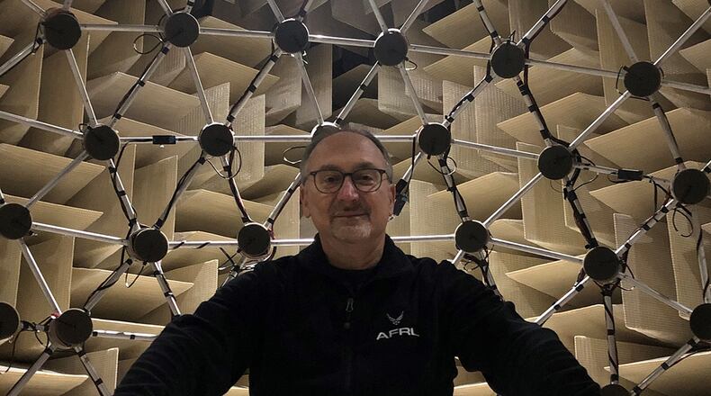 Dr. Brian Simpson, of the 711th Human Performance Wing’s Sensory Systems Branch, stands inside the Air Force Research Laboratory’s Auditory Localization Facility, an anechoic chamber that contains a 14-foot spherical array of 277 loudspeakers. Simpson, a research psychologist who specializes in auditory perception, has been selected as a fellow by the Acoustical Society of America. COURTESY PHOTO