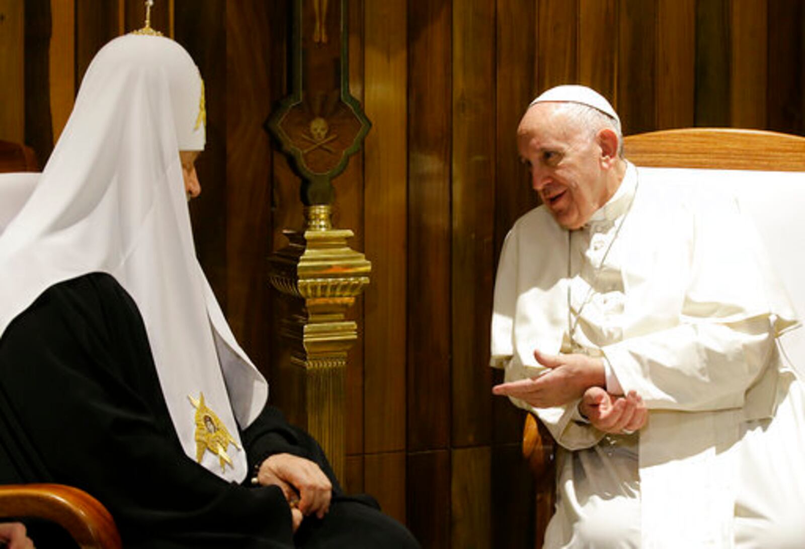 FILE - Pope Francis, right, and Russian Orthodox Church Patriarch Kirill talk during their meeting at the Jose Marti International airport in Havana, Cuba, Friday, Feb. 12, 2016. (AP Photo/Gregorio Borgia, file)