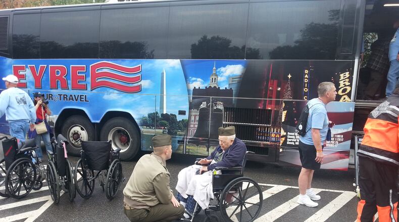 FILE: Chester Dunn, veteran of the Marine Corps and a resident of Otterbein Lebanon Senior Lifestyle Community, shares his experiences with a young, active duty Marine during Dunn’s trip during October 2013 with Honor Flight to Washington, D.C.