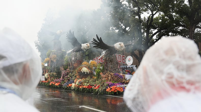 Rain comes down on a float at the 137th Rose Parade Thursday, Jan. 1, 2026, in Pasadena, Calif. (AP Photo/Caroline Brehman)