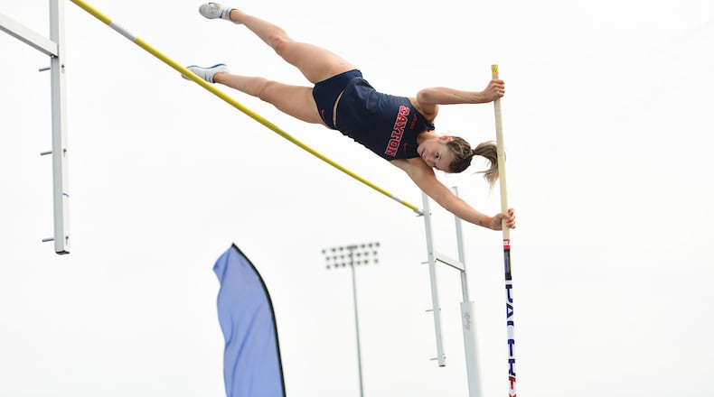 Taylor Robertson placed second in the pole vault at the Atlantic 10 Indoor Championships last season, just before the COVID-19 pandemic shut down the outdoor season last year and the indoor season early this year. The UD junior out of Wayne High is back competing again and her positon coach with the Flyers, Aaron Gordon, said: “She hasn’t even touched her potential yet. Once she gets going again, she’s going to do some crazy stuff.” (Contributed Photo)