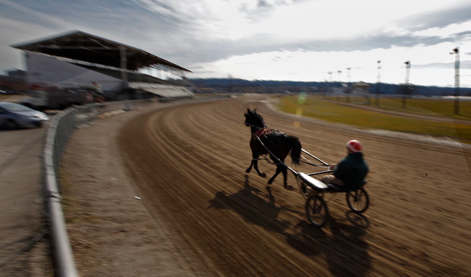 A horse track is not included in the initial phase of building at the new Montgomery County Fairgrounds site in Jefferson Twp. Here, a harness racer trains at the current fairgrounds in Dayton. CHRIS STEWART / STAFF