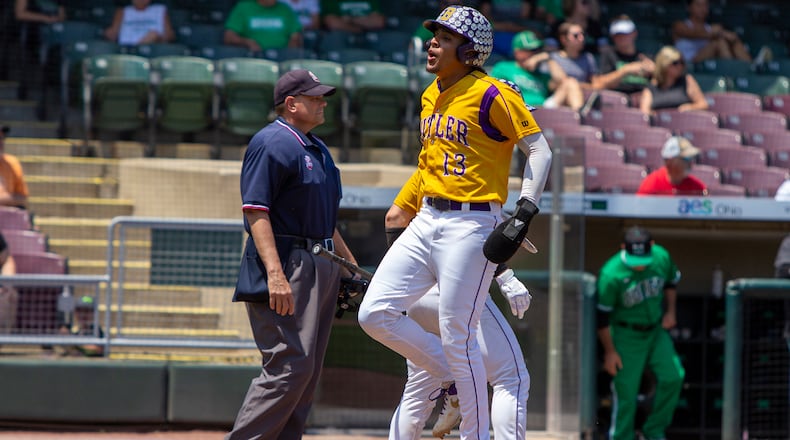 Vandalia Butler's Quinton Hall scores the Aviators' first run in the first inning against Mason. Hall reached on an error and scored on Carson Clark's double in Friday's Division I regional semifinal at Day Air Ballpark. Jeff Gilbert/CONTRIBUTED