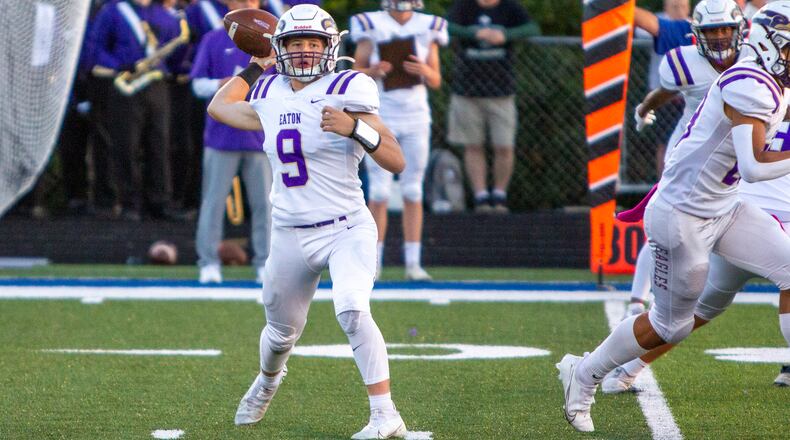Eaton quarterback Brock Ebright fires a pass against Brookville during the first quarter on Friday, Oct. 1, 2021. Jeff Gilbert/CONTRIBUTED