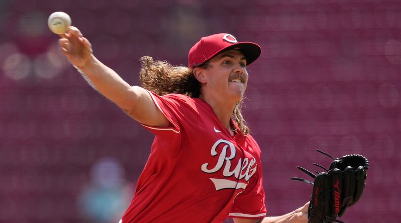 Cincinnati Reds starting pitcher Rhett Lowder throws during the first inning of a baseball game against the Houston Astros, Thursday, Sept. 5, 2024, in Cincinnati. (AP Photo/Carolyn Kaster)