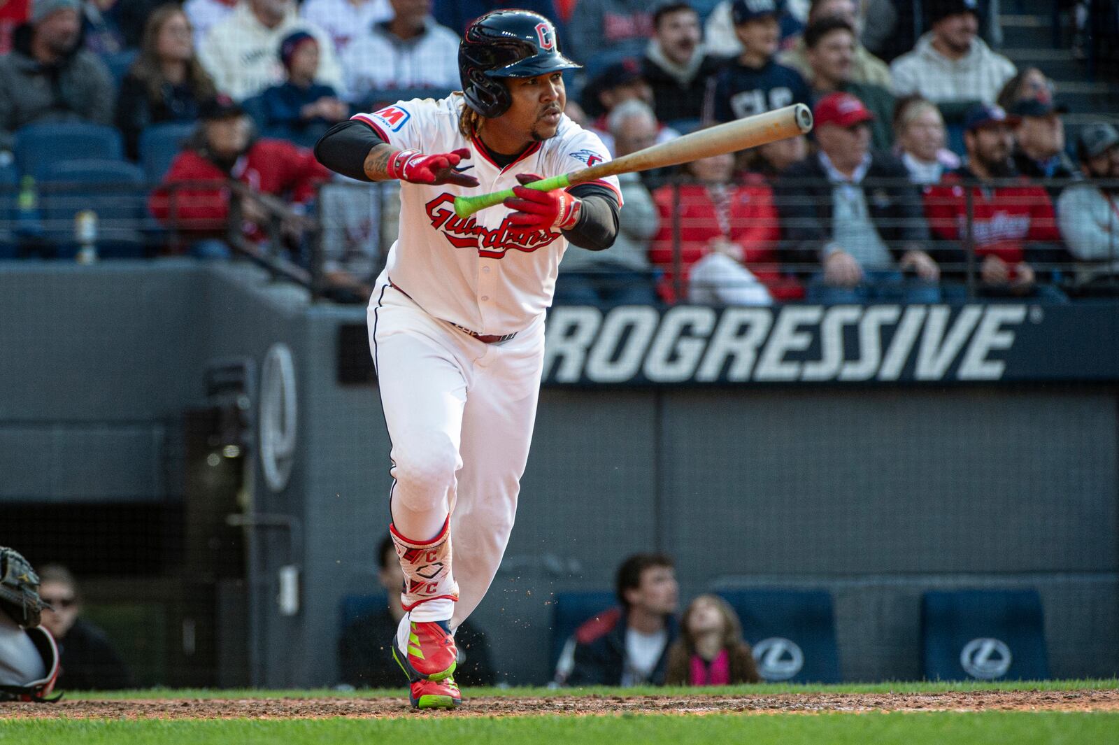 Cleveland Guardians' Jose Ramirez watches his single off Los Angeles Angels relief pitcher Connor Brogdon during the eighth inning of a baseball game, Saturday, May 31, 2025, in Cleveland. (AP Photo/Phil Long)