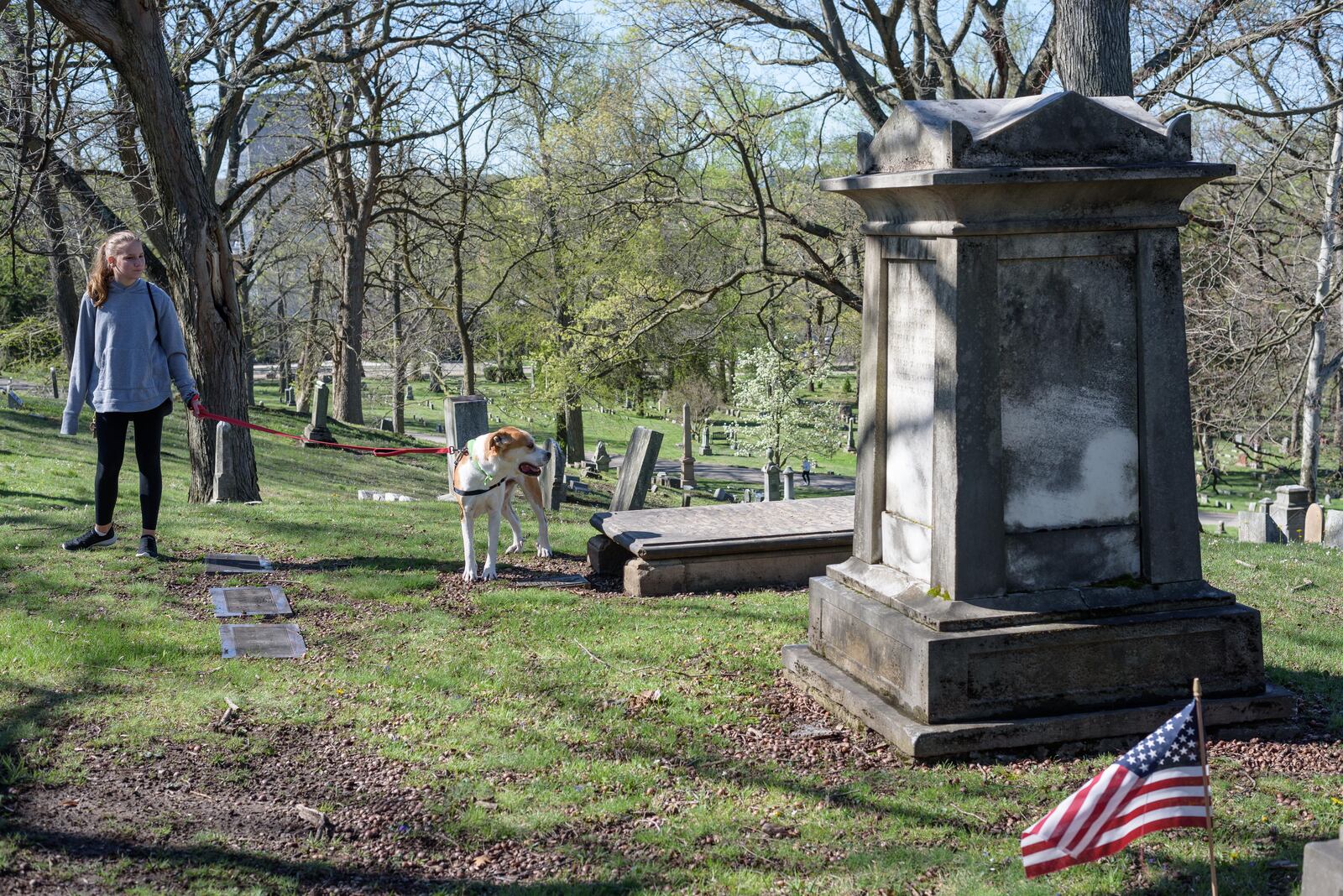 Dogs and their owners attended a guided history tour of Woodland Cemetery & Arboretum, located at 118 Woodland Ave. in Dayton on Saturday, Apr. 13, 2024. TOM GILLIAM / CONTRIBUTING PHOTOGRAPHER