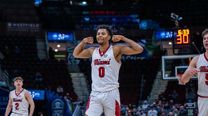 Miami's Eian Elmer (0) celebrates after scoring against Eastern Michigan in the Mid-American Conference Tournament on Thursday night at Rocket Arena in Cleveland. Miami Athletics photo