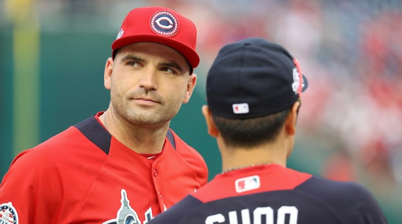 The Reds’ Joey Votto talks to Shin Soo-Choo during Gatorade All-Star Workout Day at Nationals Park on July 16, 2018 in Washington, DC. (Photo by Rob Carr/Getty Images)