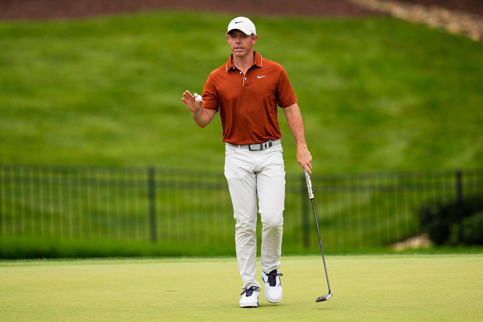 Rory McIlroy, of Northern Ireland, celebrates after a birdie on the seventh hole during the second round of the PGA Championship golf tournament at the Quail Hollow Club, Friday, May 16, 2025, in Charlotte, N.C. (AP Photo/David J. Phillip)