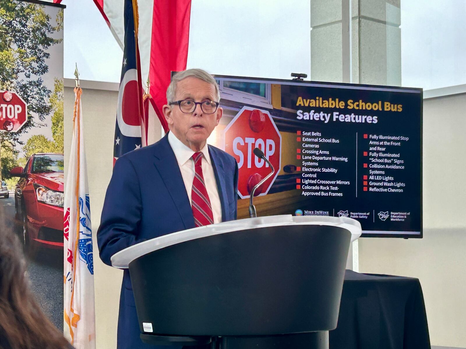 Ohio Gov. Mike DeWine speaks after his task force finalized recommendations to improve school bus safety in Ohio on January 31, 2024.