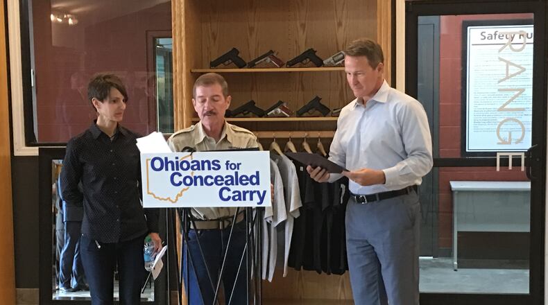 Lebanon Councilwoman Wendy Monroe and, at center, Kim Campbell of Ohioans for Concealed Carry announced the group’s endorsement of Ohio Secretary of State Jon Husted for Ohio governor.
