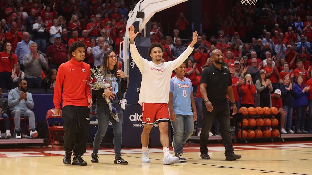Dayton's Javon Bennett is honored on Senior Night before a game against Virginia Commonwealth on Friday, March 6, 2026, at UD Arena. David Jablonski/Staff
