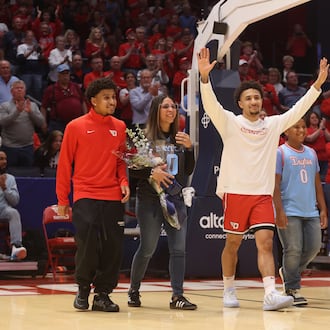 Dayton's Javon Bennett is honored on Senior Night before a game against Virginia Commonwealth on Friday, March 6, 2026, at UD Arena. David Jablonski/Staff