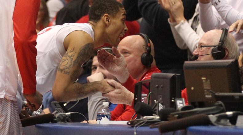 Kyle Davis talks to Bucky Bockhorn after the victory over Rhode Island on Jan. 6, 2017.