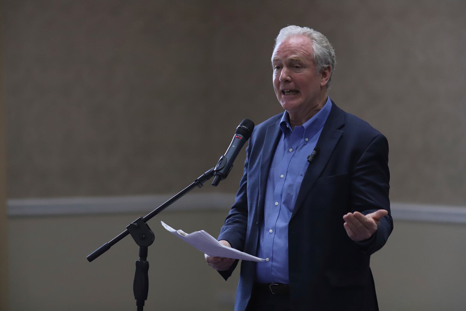 Maryland Sen. Chris Van Hollen speaks to the press in San Salvador, El Salvador, where he arrived regarding Kilmar Abrego Garcia, a Salvadoran citizen who was living in Maryland and deported to El Salvador by the Trump administration, Thursday, April 17, 2025. (AP Photo/Salvador Melendez)