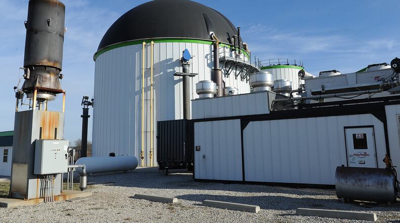 The Dovetail biodigester, operated by Renergy, Inc., uses an anerobic process to break down food waste and manure into fertilizer and methane gas for electricity in Greene County. The breakdown process happens in a sealed dome with the energy generated in a smaller building. MARSHALL GORBY\STAFF