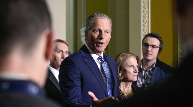 Senate Majority Leader John Thune, R-S.D., speaks during a news conference after a policy luncheon on Capitol Hill, Tuesday, Feb. 3, 2026, in Washington. (AP Photo/Mariam Zuhaib)