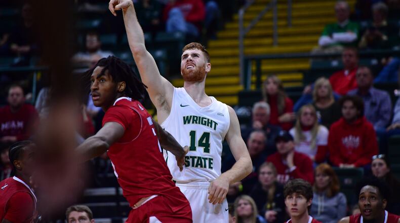 Wright State's Brandon Noel follows through on a shot vs. Miami at the Nutter Center on Dec. 19, 2023. Wright State Athletics photo