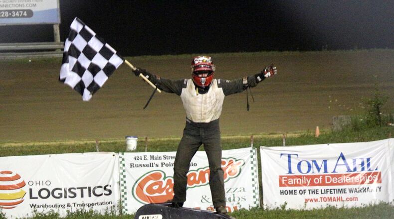 Lee Underwood in Victory Lane in the Jacket Hewitt Classic at Waynesfield Raceway Park. Greg Billing/CONTRIBUTED