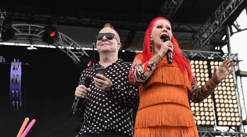 SAN PEDRO, CA - OCTOBER 29: Singer Fred Schneider (Left) and singer Kate Pierson (Right) of the The B-52's perform on stage at the Growlers 6 festival at the LA Waterfront on October 29, 2017 in San Pedro, California. (Photo by Matt Cowan/Getty Images)
