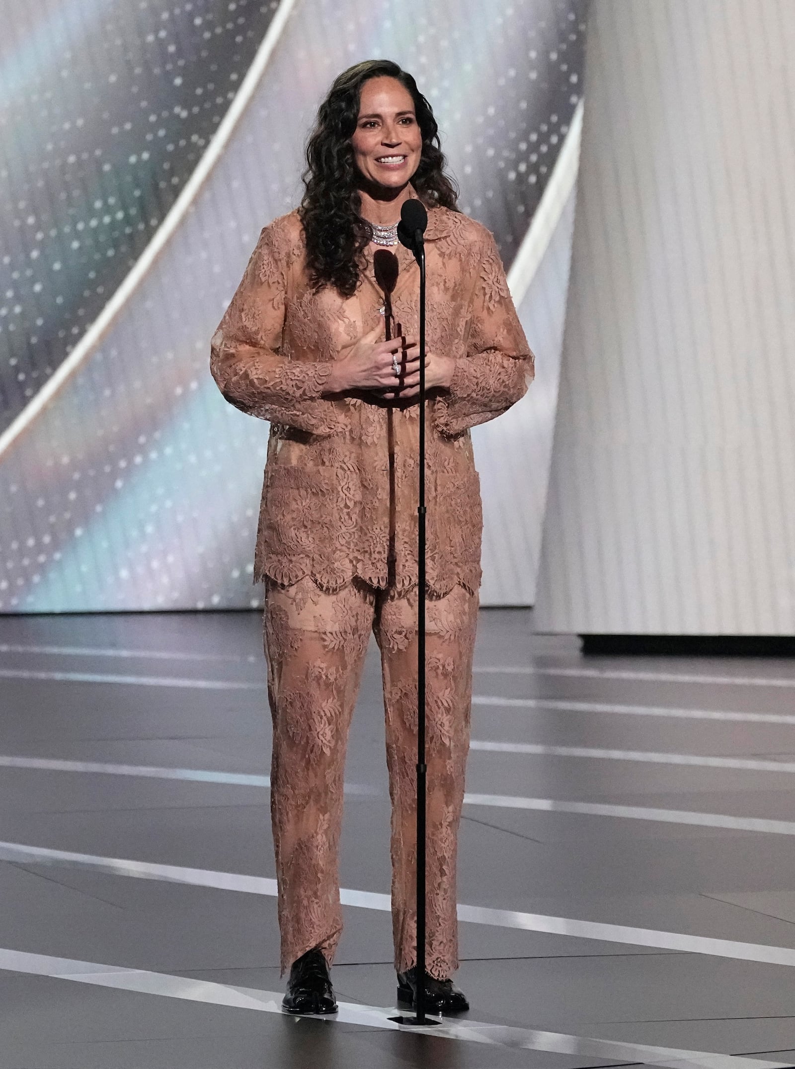 FILE - Former professional WNBA basketball player Sue Bird presents the Muhammad Ali Sports Humanitarian Award at the ESPY awards on Wednesday, July 12, 2023, at the Dolby Theatre in Los Angeles. (AP Photo/Mark J. Terrill, File)