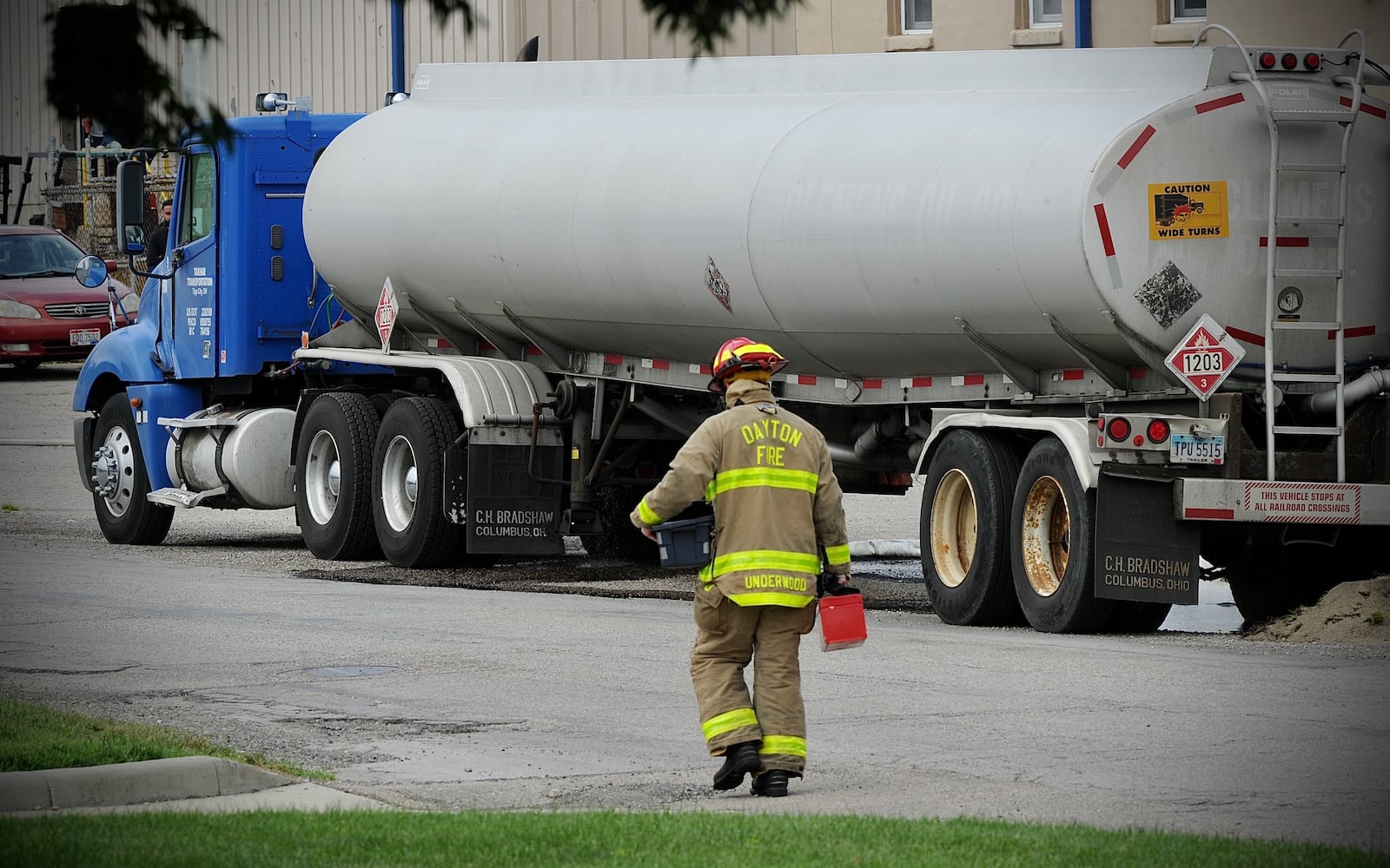 Fuel tanker truck leaking gasoline