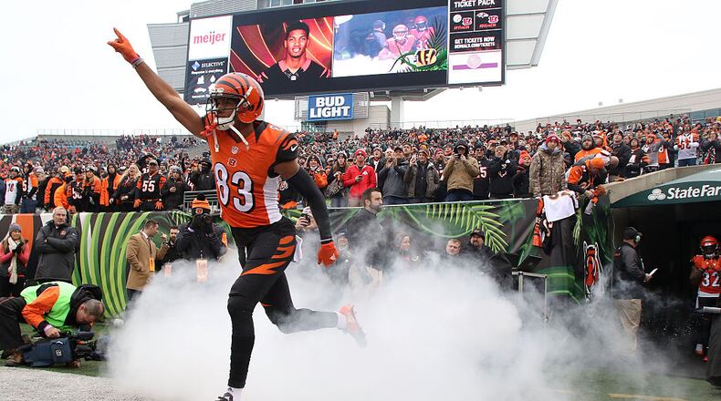 CINCINNATI, OH - DECEMBER 4: Tyler Boyd #83 of the Cincinnati Bengals runs on to the field while being introduced to the crowd prior to the start of the game against the Philadelphia Eagles at Paul Brown Stadium on December 4, 2016 in Cincinnati, Ohio. (Photo by John Grieshop/Getty Images)