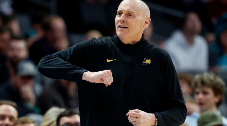 Indiana Pacers head coach Rick Carlisle argues for a foul call during the first half of an NBA basketball game against the Charlotte Hornets in Charlotte, N.C., Thursday, Jan. 8, 2026. (AP Photo/Nell Redmond)