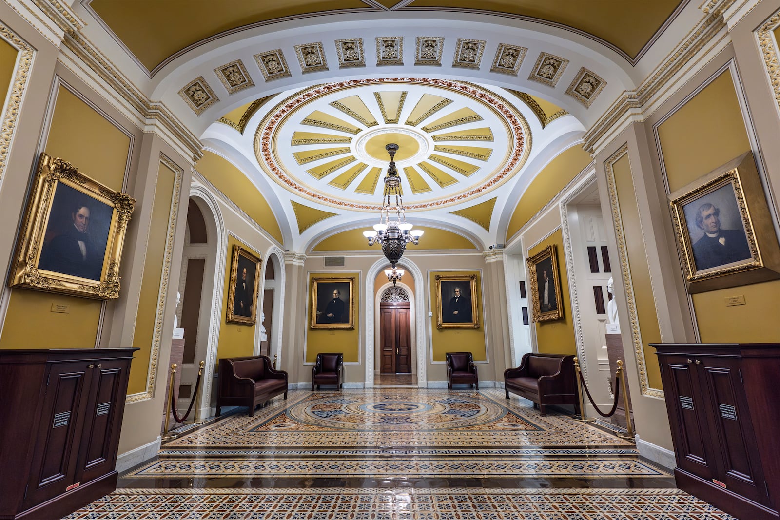The ornate corridor outside the Senate chamber is seen as Senate Republicans work to pass President Donald Trump's bill of tax breaks and spending cuts by his July Fourth deadline, in Washington, Sunday, June 29, 2025. (AP Photo/J. Scott Applewhite)