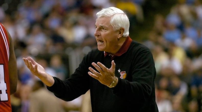 Then-coach Bob Knight talks to members of his Texas Tech team during a timeout against Boston College in their NCAA East regional first round game at Lawrence Joel Veterans Memorial Coliseum in Winston-Salem, N.C. on Thursday, March 15, 2007. (David T. Foster III/Charlotte Observer/MCT)