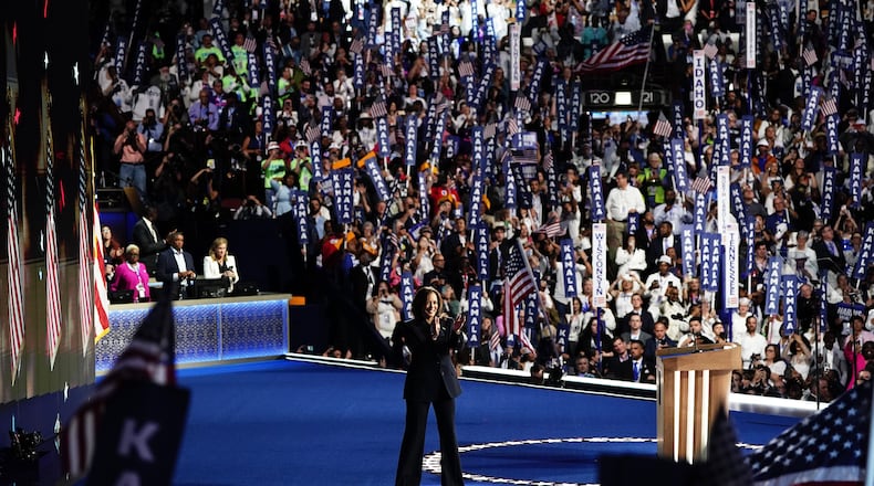 Vice President Kamala Harris delivers remarks at the United Center on the fourth day of the Democratic National Convention in Chicago, on Thursday, Aug. 22, 2024. The four-day total includes one of the best fund-raising hours of Vice President Kamala Harris’s presidential bid, according to the campaign, which has now raised $540 million in the last month. (Haiyun Jiang/The New York Times)..