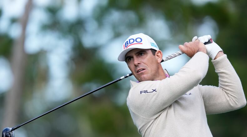Billy Horschel hits from the 17th tee at Spyglass Hill Golf Course during the second round of the AT&T Pebble Beach Pro-Am golf tournament in Pebble Beach, Calif., Friday, Feb. 13, 2026. (AP Photo/Godofredo A. Vásquez)