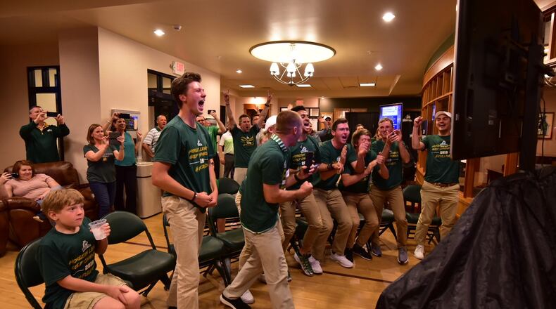 Wright State golfers react to seeing their name on the NCAA golf selection show Wednesday night. Joseph Craven/CONTRIBUTED