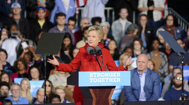 Democratic Party presidential nominee Hillary Clinton spoke to more than 2,800 people on Monday at Smale Park in downtown Cincinnati on the Ohio River.