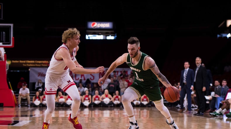Wright State’s Bill Wampler tries to drive past Miami’s Javin Etzler on Nov. 9, 2019, at Millett Hall. Joseph Craven/WSU ATHLETICS