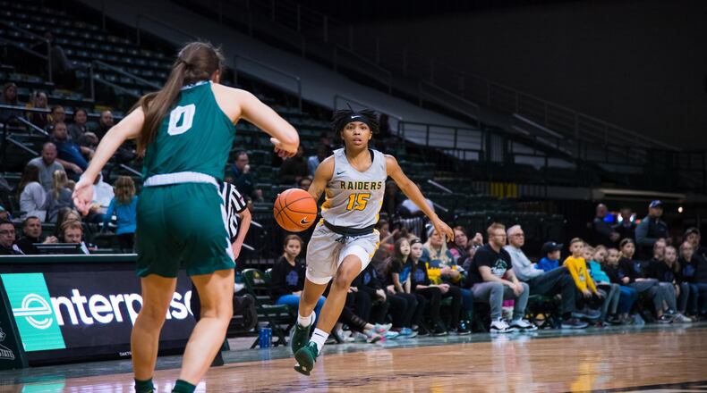 Wright State’s Angel Baker looks to make a play as Green Bay’s Hailey Oskey defends at the Nutter Center on Thursday, Jan. 30, 2020. Joseph Craven/WSU Athletics