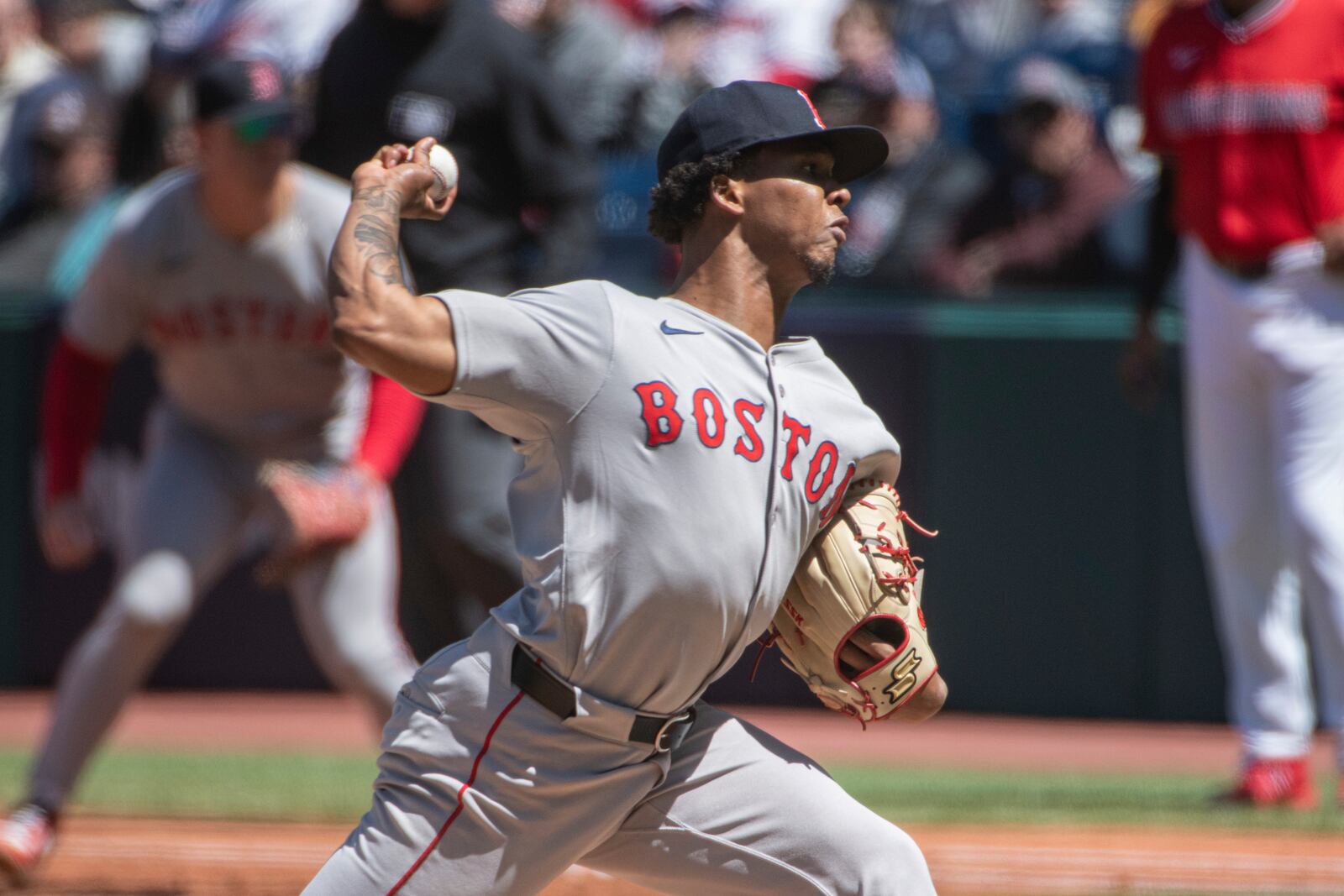 Boston Red Sox starting pitcher Brayan Bello delivers against the Cleveland Guardians during the first inning of a baseball game Sunday April 27, 2025, in Cleveland. (AP Photo/Phil Long)