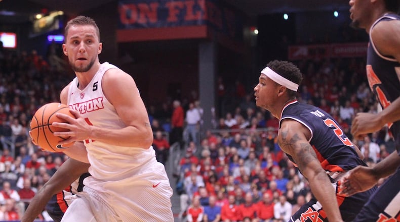 Dayton’s Matej Svoboda looks to pass against Auburn on Wednesday, Nov. 29, 2017, at UD Arena. David Jablonski/Staff