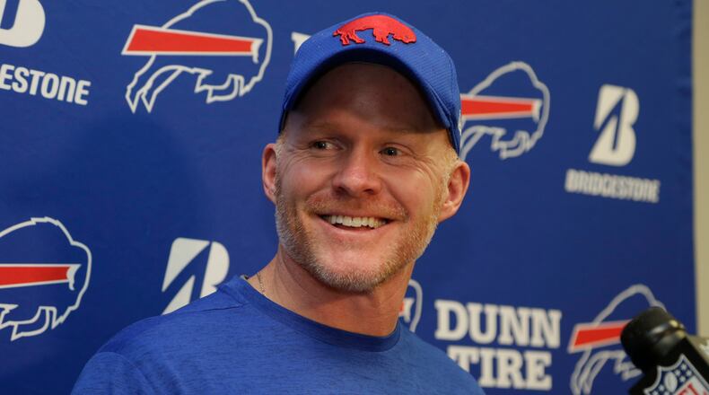 Buffalo Bills head coach Sean McDermott smiles during a post-game news conference at the end of an NFL football game against the Miami Dolphins, Sunday, Dec. 31, 2017, in Miami Gardens, Fla. The Bills defeated the Dolphins 22-16. (AP Photo/Lynne Sladky)