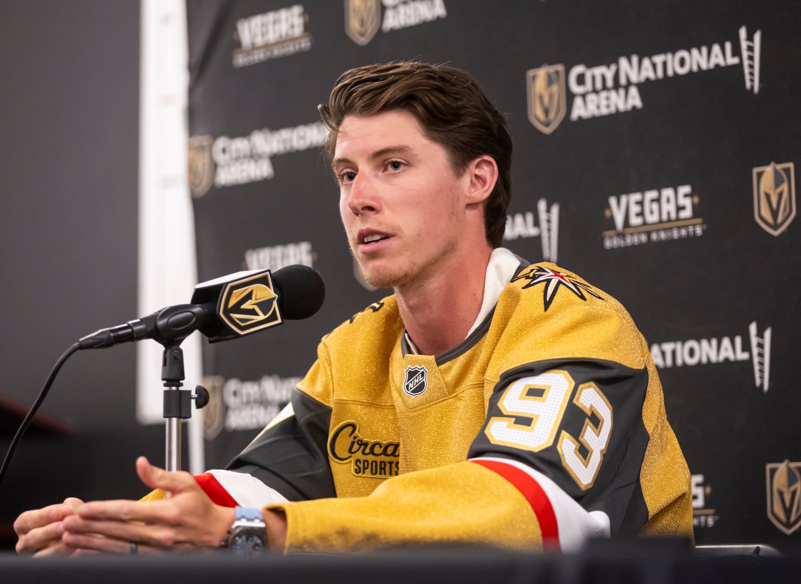 Newly acquired Golden Knights forward Mitch Marner speaks with the media at City National Arena on Tuesday, July 1, 2025, in Las Vegas. (Chase Stevens/Las Vegas Review-Journal via AP)