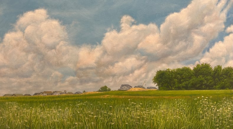 'Field Houses' by Craig Lloyd is an oil painting on display at the 31st annual 'The View' juried landscape show in Rosewood Art Center. The exhibition is open to the public from June 9 through July 19, 2025. HANNAH KASPER/CONTRIBUTED